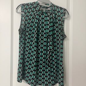 Worthington Green Black Geometric Pleated Tie Neck Blouse